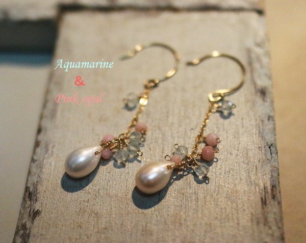 【14ｋｇｆ】*Pearl de ange 　淡水パールとアクアマリン＆ピンクオパールのピアス